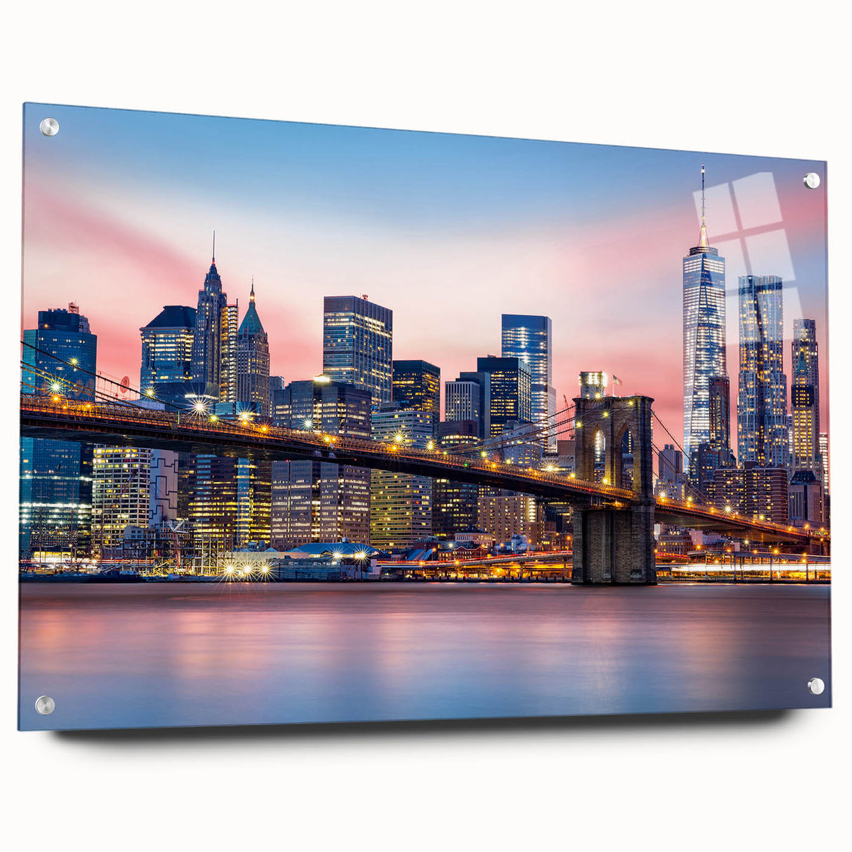 Acrylic glass print of Manhattan skyline in muted gray and blue tones, suitable for bedroom or dining room decor.