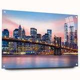 Acrylic glass print of Manhattan skyline in muted gray and blue tones, suitable for bedroom or dining room decor.