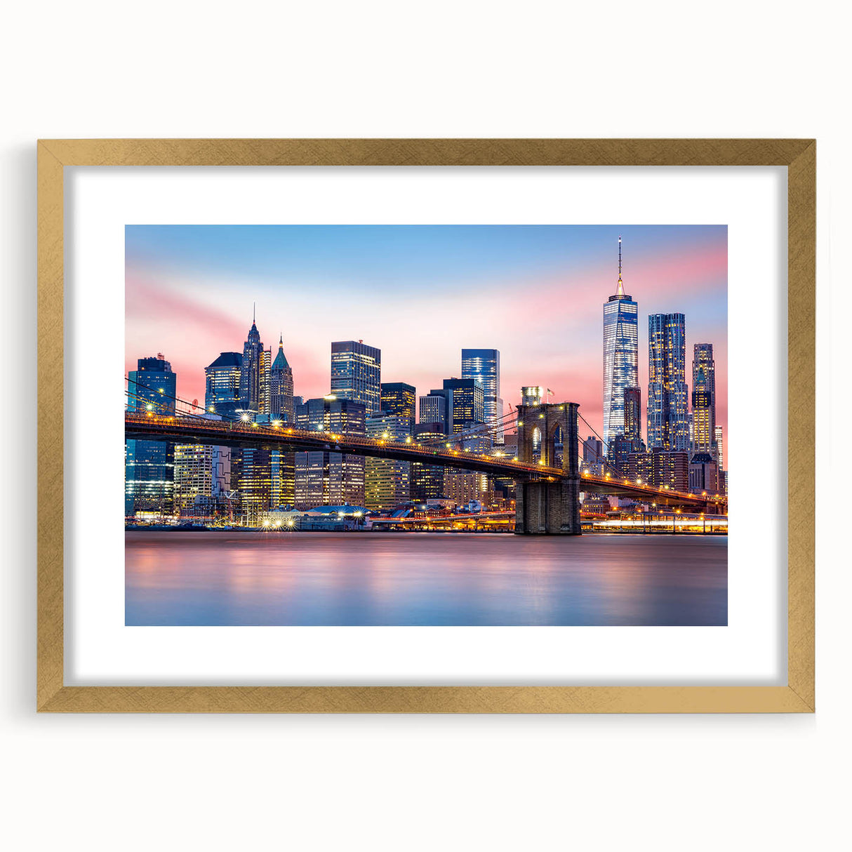 Extra large abstract art print of Manhattan skyline with textured details in gold frame, suited for living room decor.