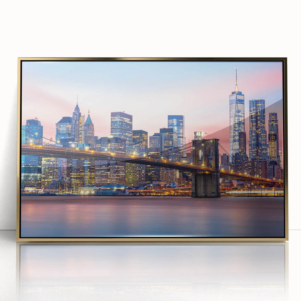 Mid-century modernist art of Manhattan skyline in muted gold tones on framed acrylic, suitable for modern art wall decor.