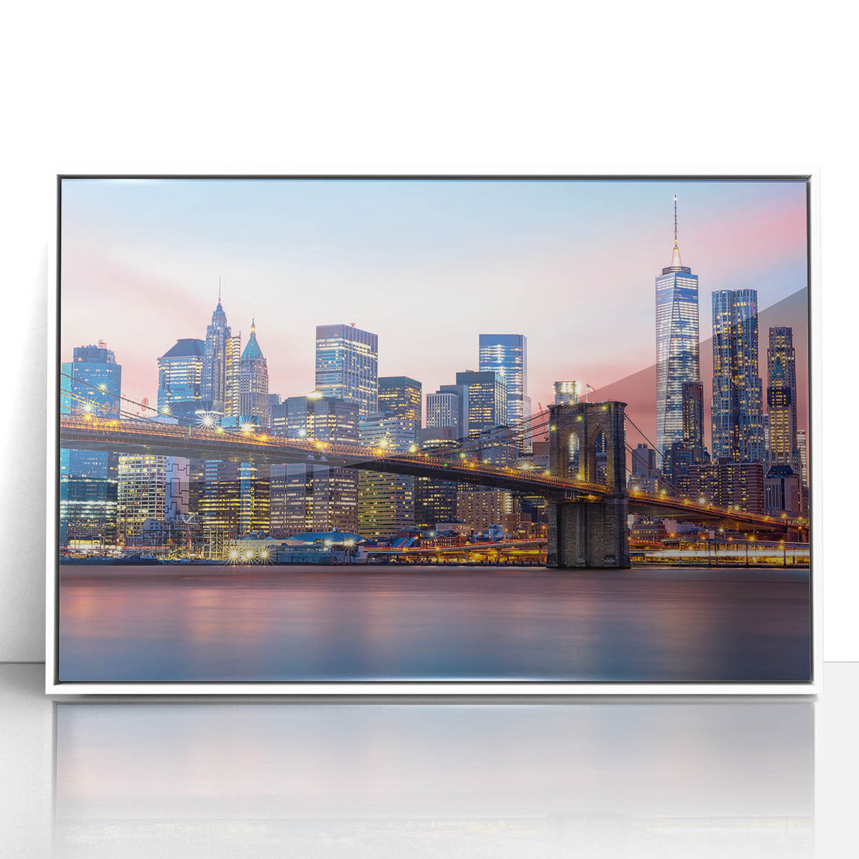 Art deco poster of Manhattan skyline in muted gray and blue tones on framed acrylic, suitable for modern art wall decor.