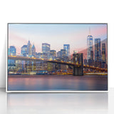 Art deco poster of Manhattan skyline in muted gray and blue tones on framed acrylic, suitable for modern art wall decor.