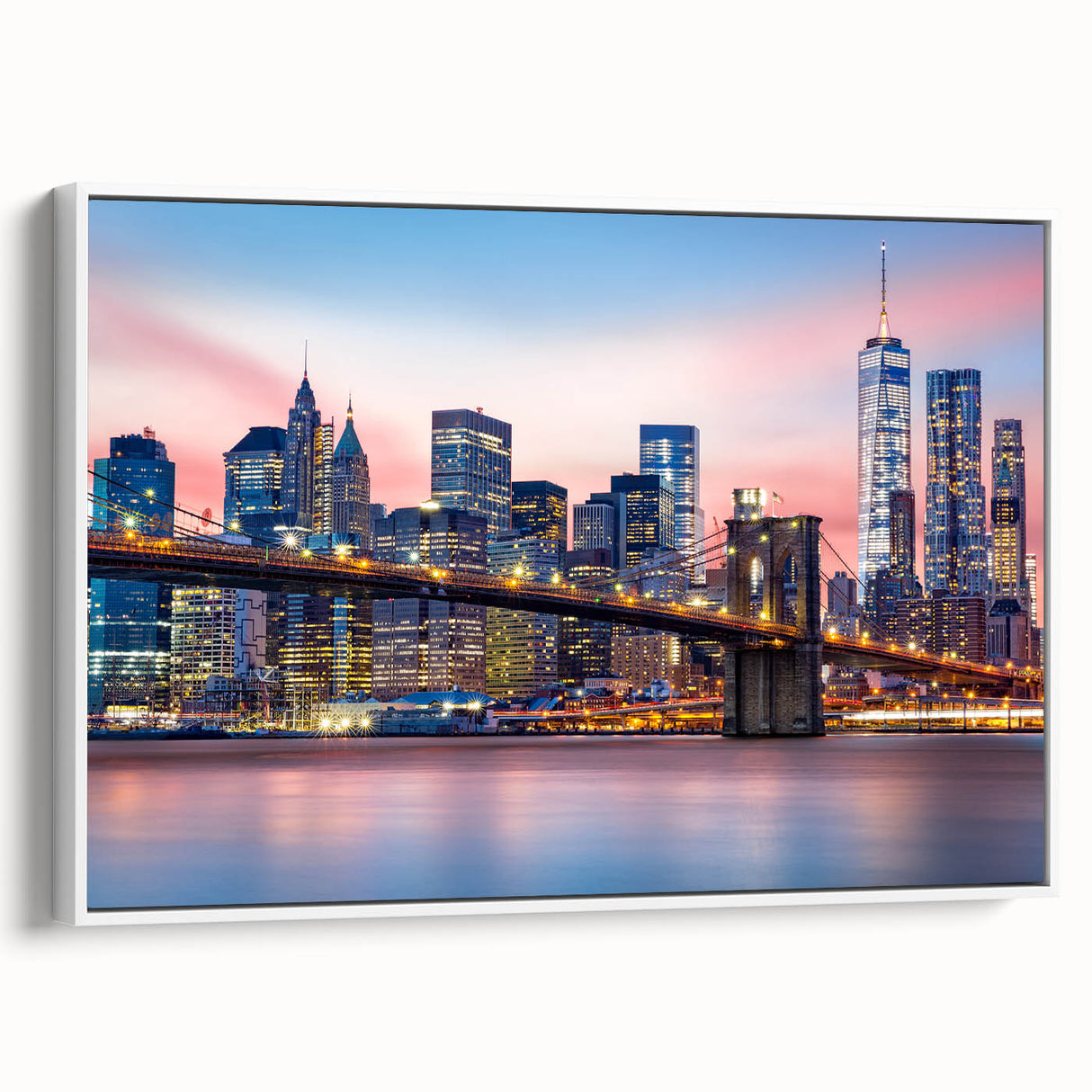 Vintage poster art of Manhattan skyline in vibrant colors on extra large framed canvas, ideal for living room decor.
