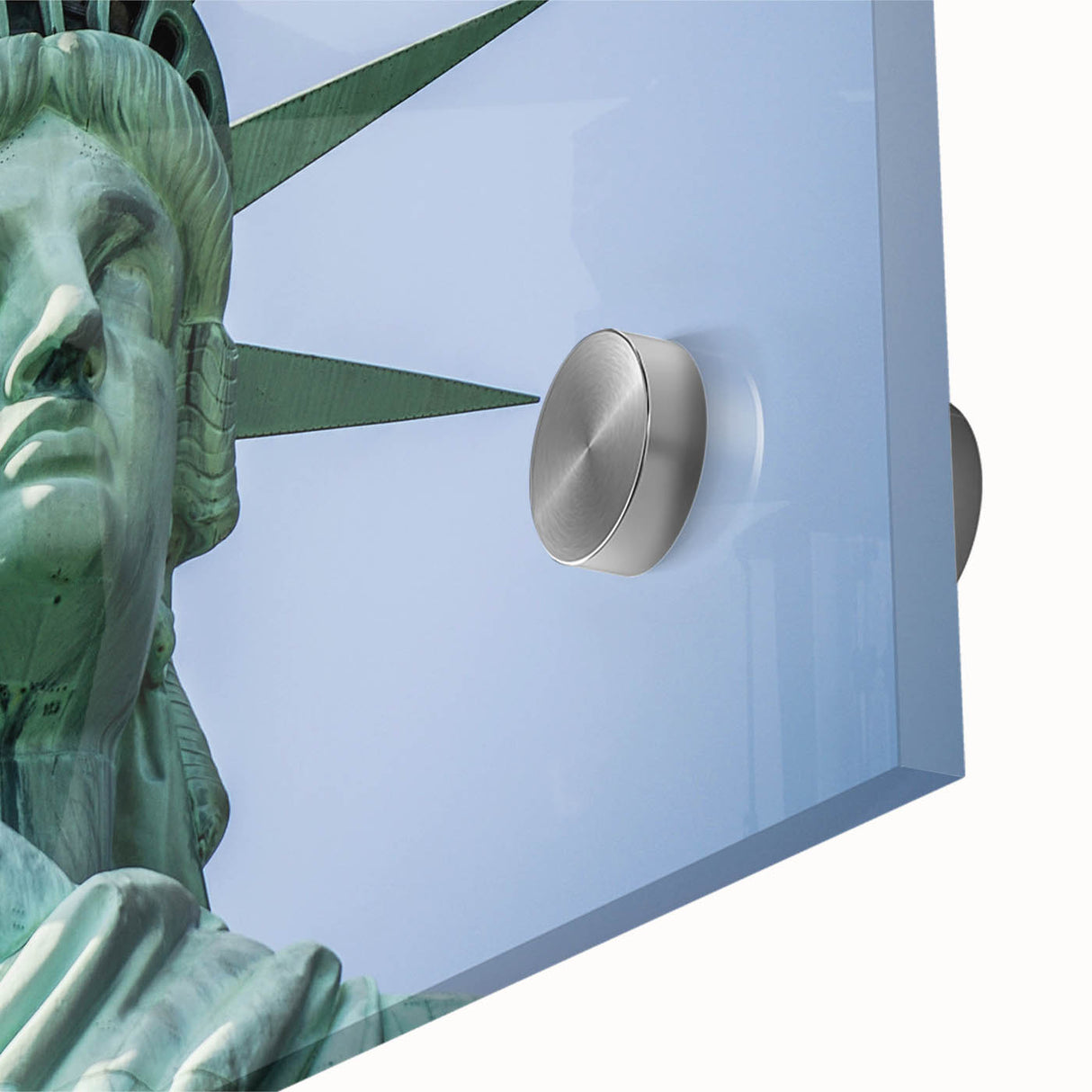 Acrylic print of the Statue of Liberty in muted green and blue tones, ideal for dining room art.