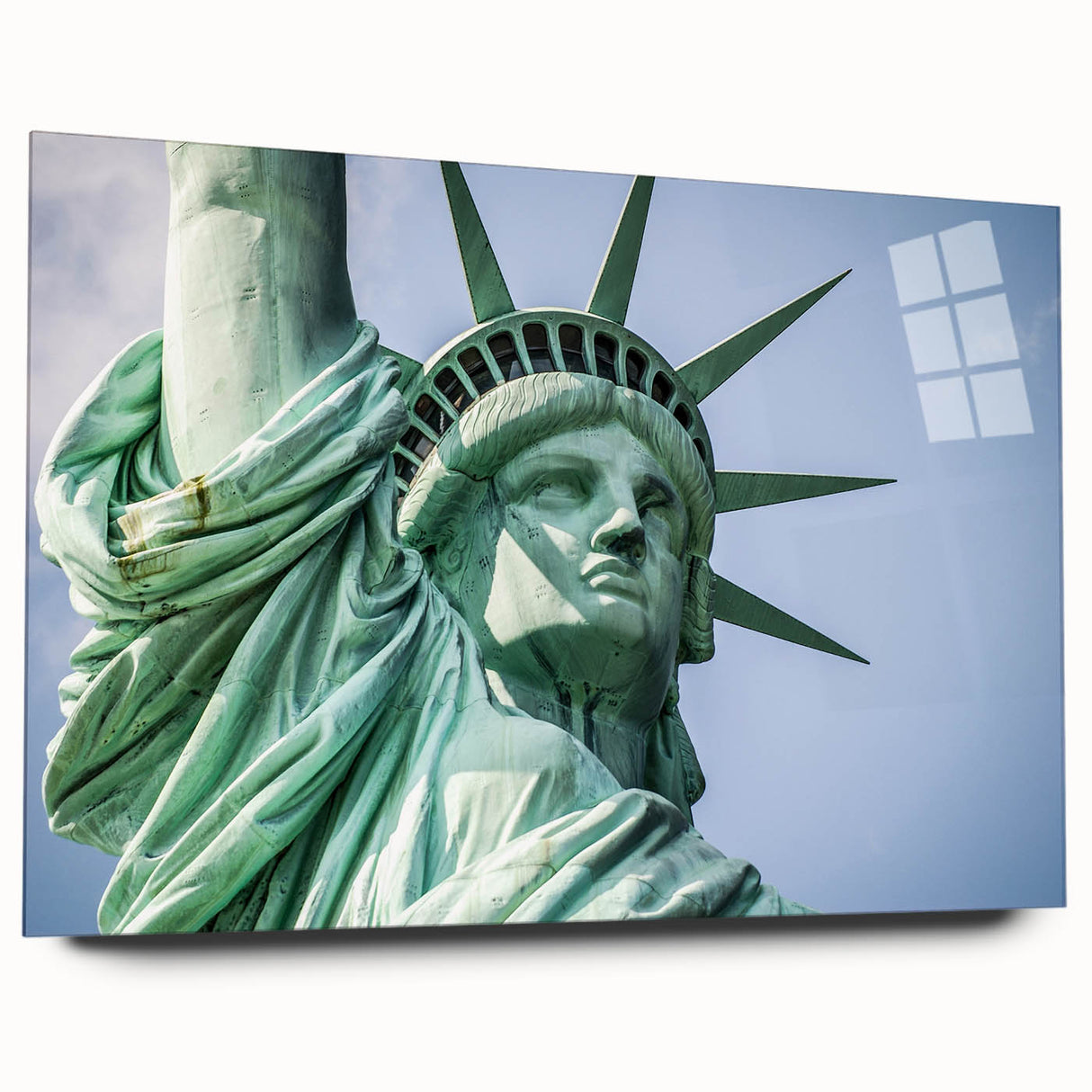 Acrylic print of the Statue of Liberty in muted green and blue tones, suitable for bedroom or dining room art.