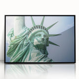 Large abstract wall art of the NYC skyline featuring the Statue of Liberty, in black and white tones on framed acrylic.