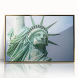 Acrylic print of the Statue of Liberty in gold tones, framed, in a mid-century modernist style.