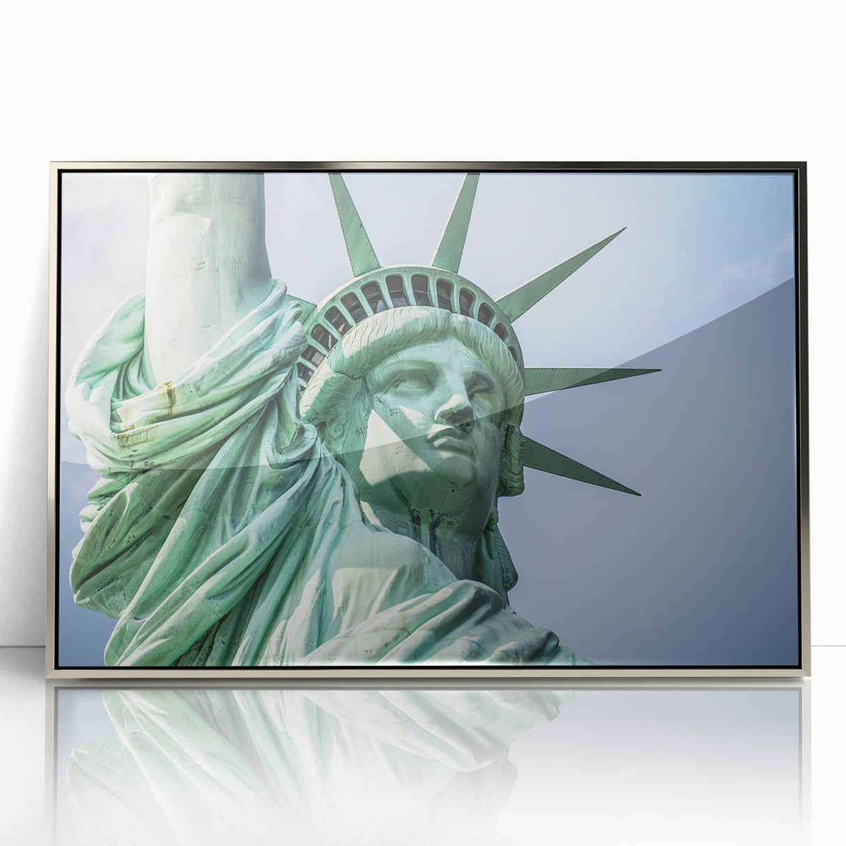 Mid-century modernist art of the Statue of Liberty in a framed acrylic print, using a palette of muted blues and grays.