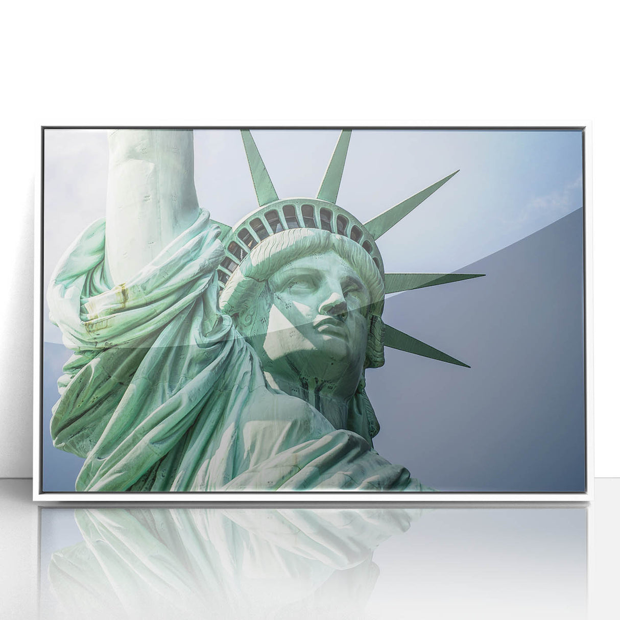 Art deco poster of the Statue of Liberty in pastel shades on a white acrylic frame, suitable for nursery wall art.