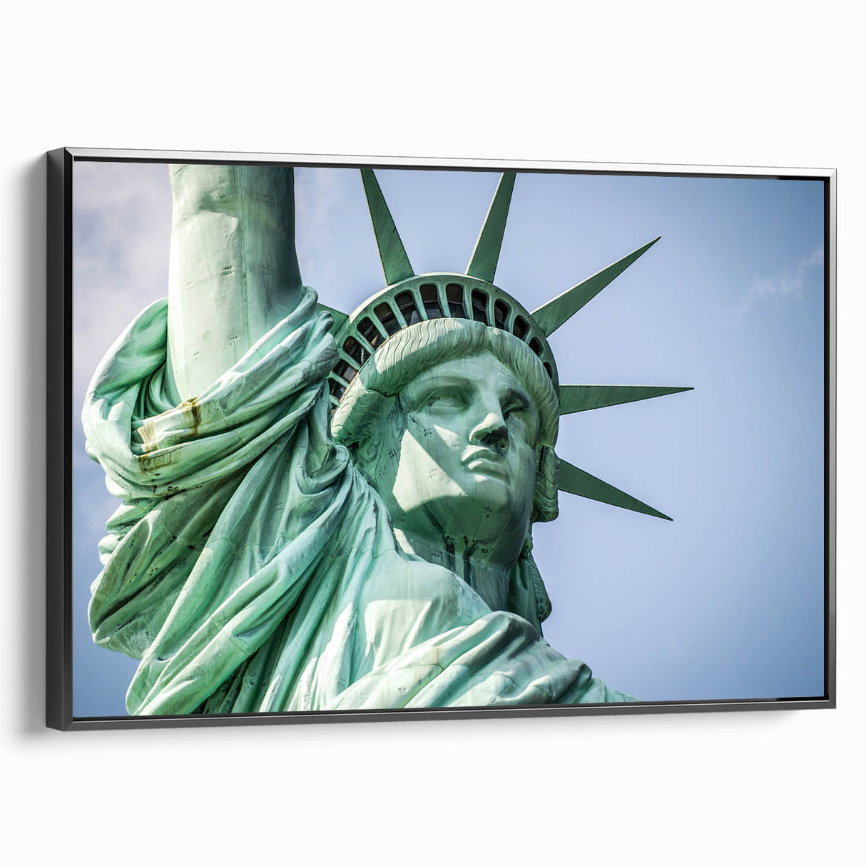 Black and white framed canvas of the Statue of Liberty, ideal for bedroom wall decor with a vintage poster art style.