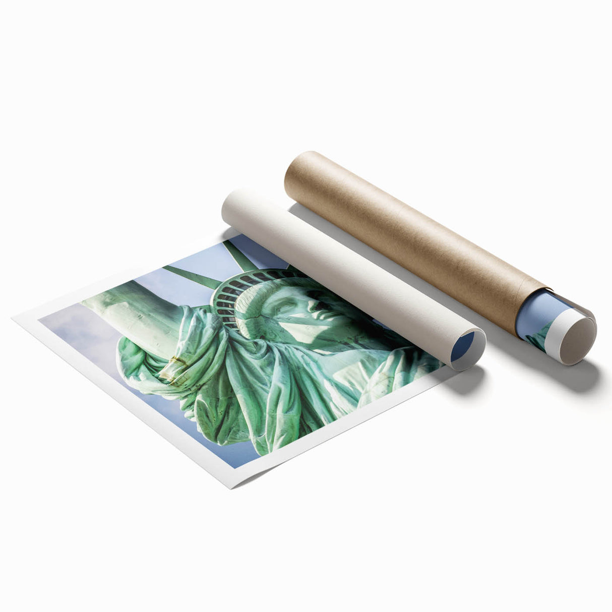Extra large rolled print of the Statue of Liberty with muted green and blue tones, suitable for classy bathroom wall art.