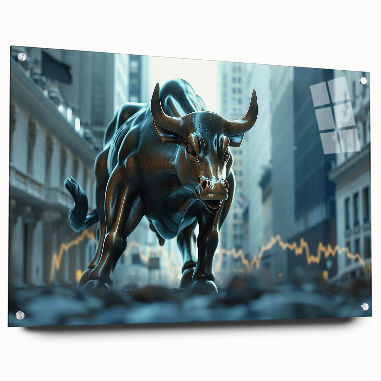 Acrylic print of a large abstract depiction of NYC in muted gray and blue tones, suitable for bedroom or dining room decor.