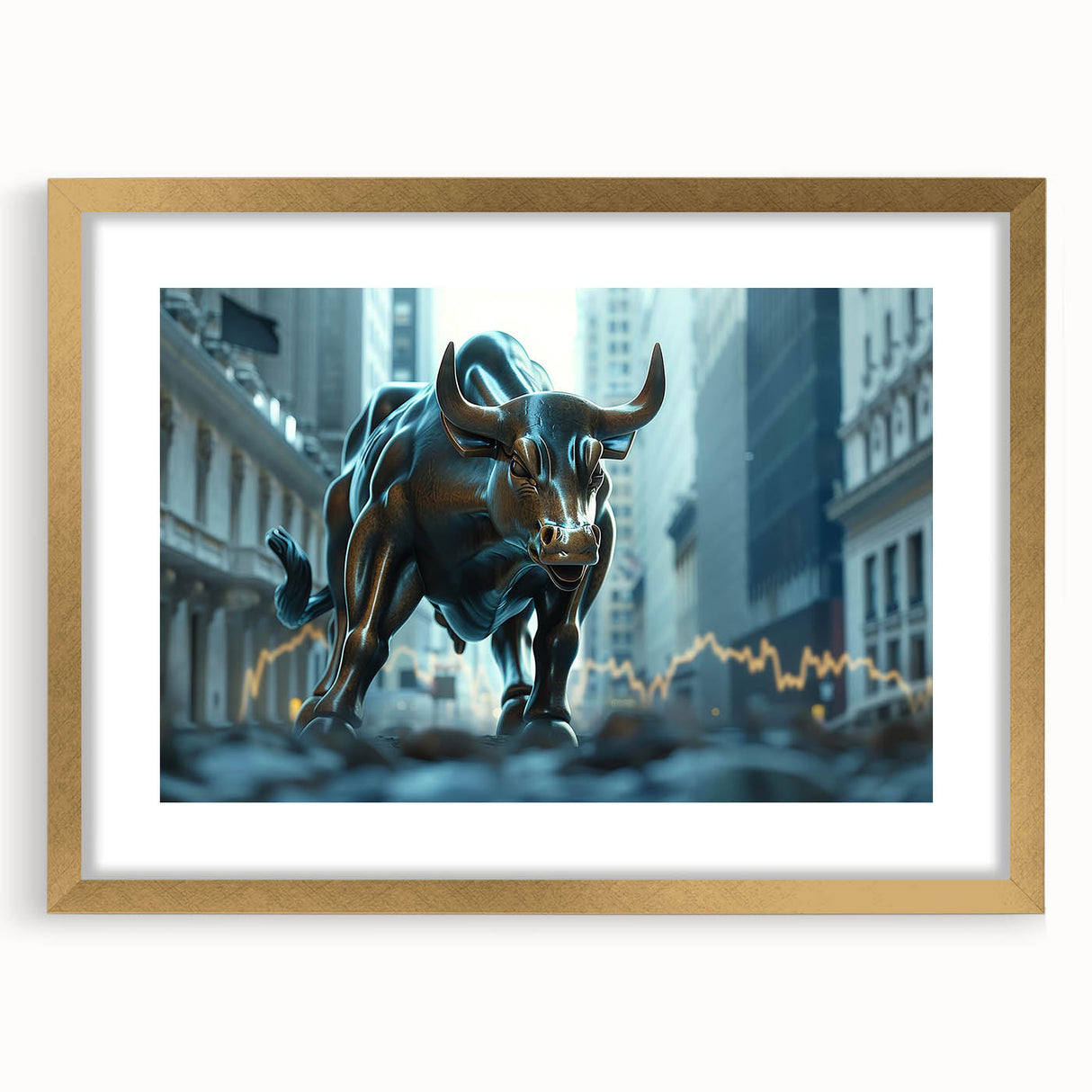 Extra large abstract art print of New York City skyline in textured gold frame, ideal for living room decor.