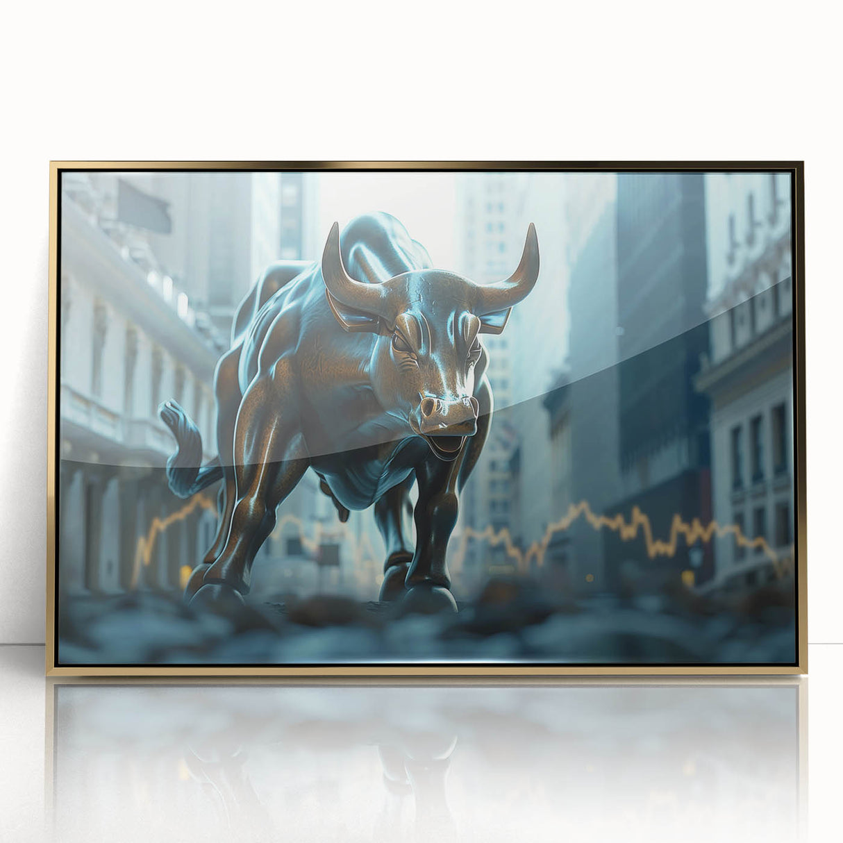 Acrylic print of New York City skyline in gold and black hues, styled in mid-century modernist art.