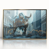 Acrylic print of New York City skyline in gold and black hues, styled in mid-century modernist art.