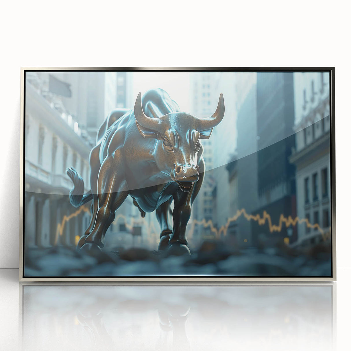 Mid-century modernist art of NYC skyline in muted silver tones on a framed acrylic, suitable for modern art wall decor.