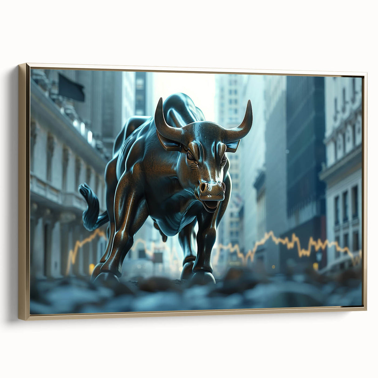 Framed canvas featuring a vintage-style New York City skyline in black and gold tones, ideal for bedroom wall art.
