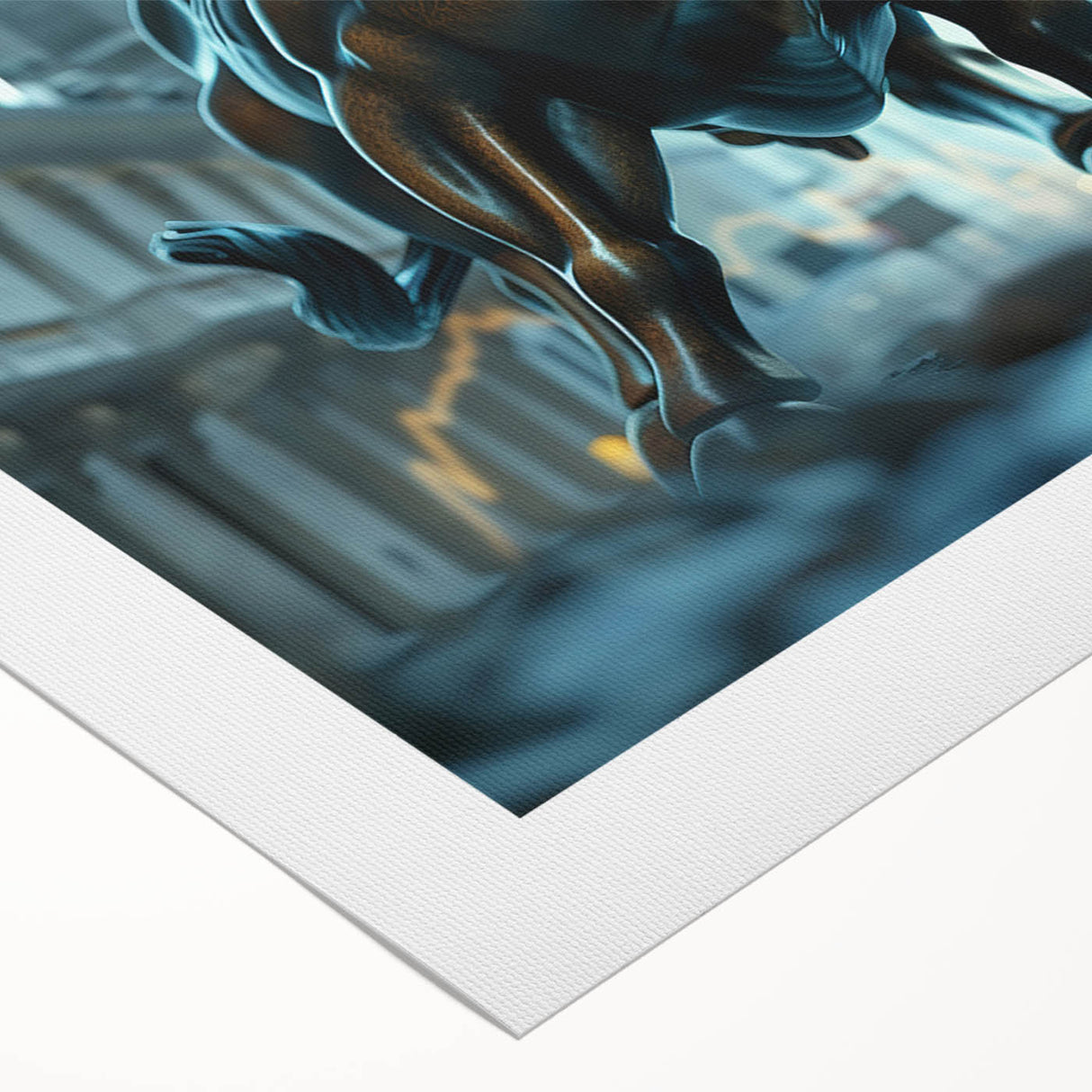 Art deco poster of New York City skyline in muted gray and blue tones on rolled canvas, suitable for dining room wall art.