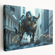 Side view of a large stretched canvas depicting the New York City skyline in muted gray and blue tones.