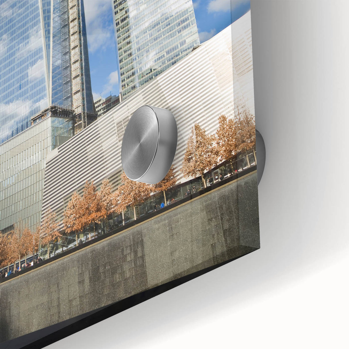 Acrylic print of New York City's Trade Center in abstract style with muted gray and blue tones, ideal for dining room art.
