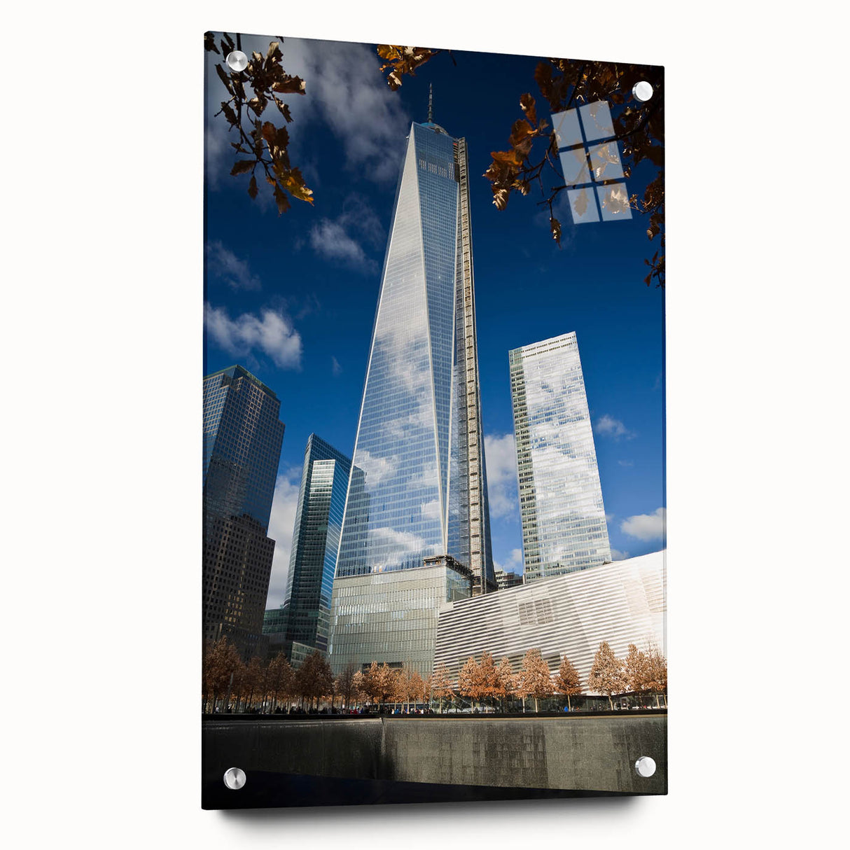 Acrylic glass print of NYC Trade Center in muted gray tones, ideal for modern bedroom or dining room decor.