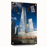Acrylic glass print of NYC Trade Center in muted gray tones, ideal for modern bedroom or dining room decor.
