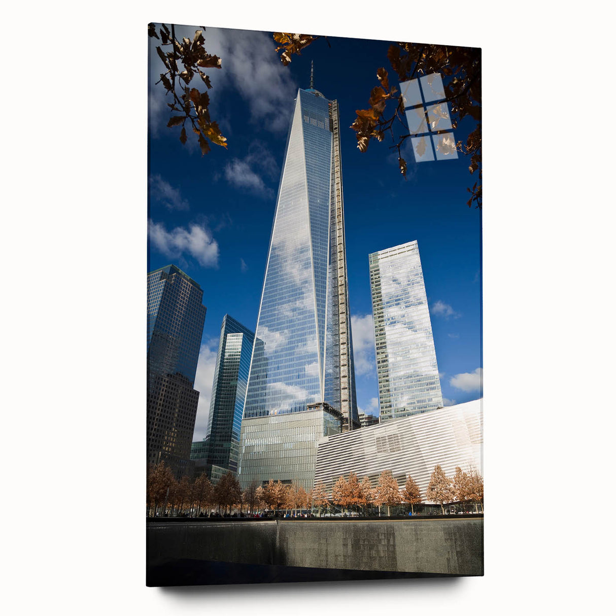 Acrylic print of the New York City skyline featuring the Trade Center, rendered in large abstract style with muted tones.