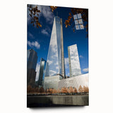 Acrylic print of the New York City skyline featuring the Trade Center, rendered in large abstract style with muted tones.