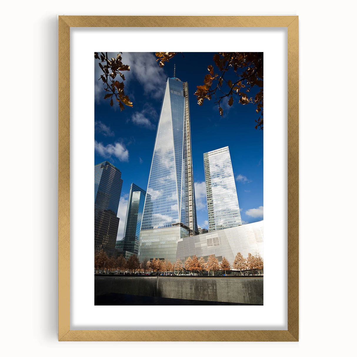 Extra large abstract art print of NYC skyline in textured gold frame, suitable for living room decor.