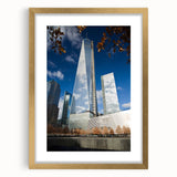 Extra large abstract art print of NYC skyline in textured gold frame, suitable for living room decor.