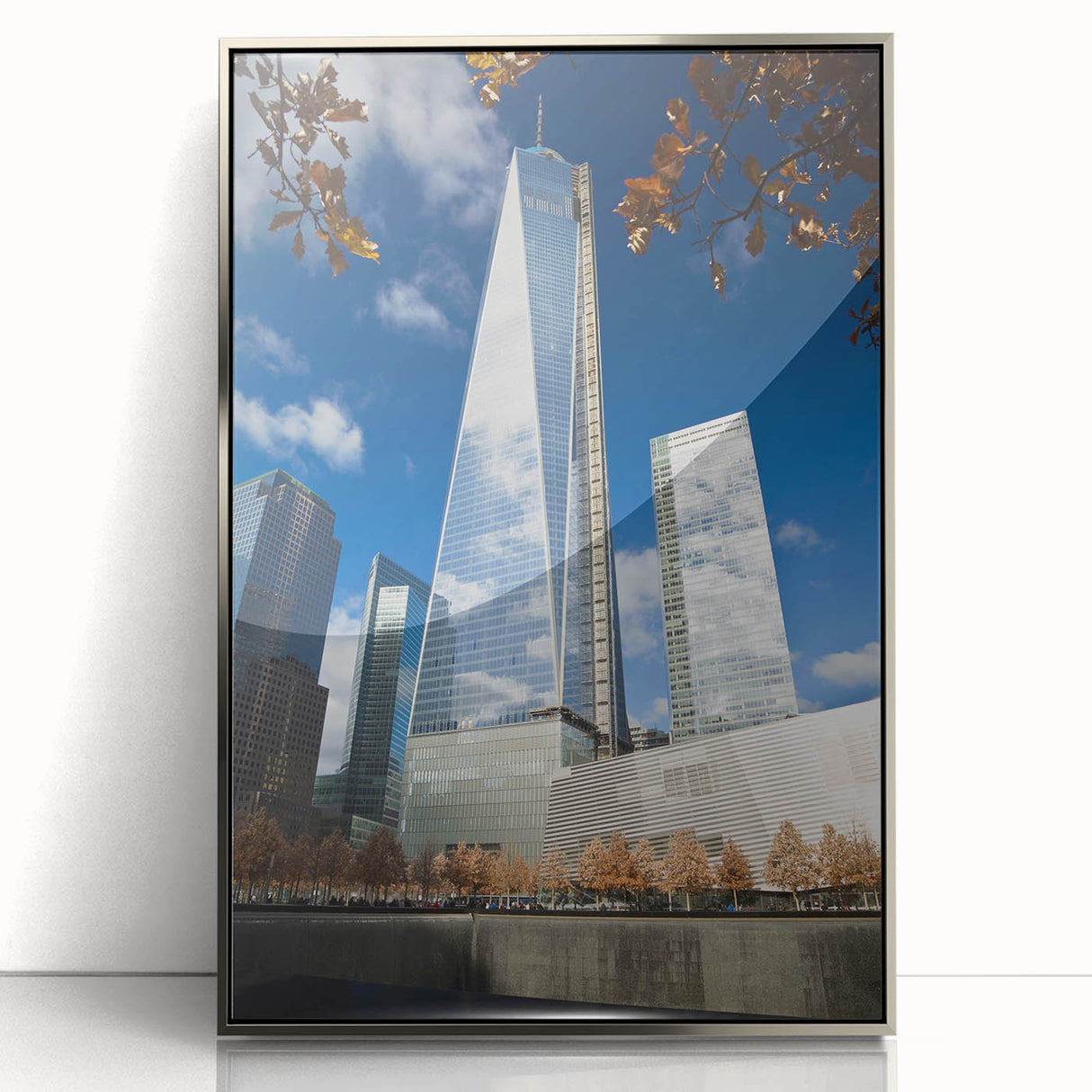 Mid-century modernist art deco poster of NYC Trade Center in muted gray and blue tones, framed acrylic.