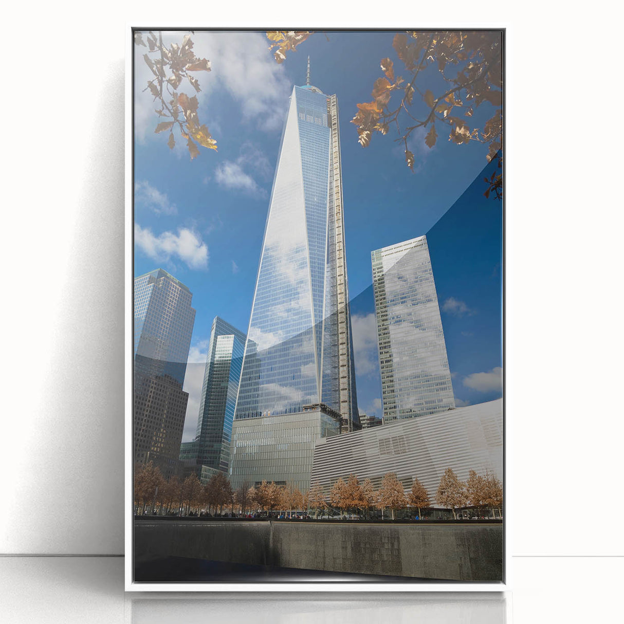 Art deco poster of NYC skyline with muted blue and gray tones on a framed acrylic, suitable for modern art wall decor.