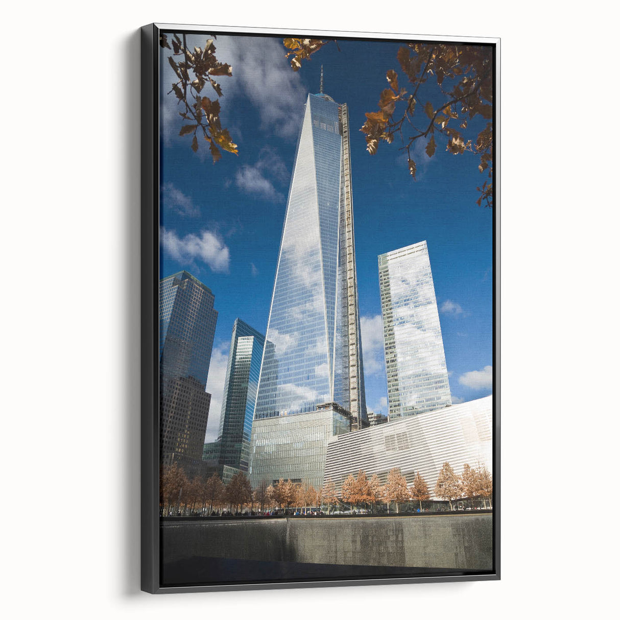 Black and white framed canvas featuring the NYC skyline with the Trade Center, ideal for bedroom wall art.