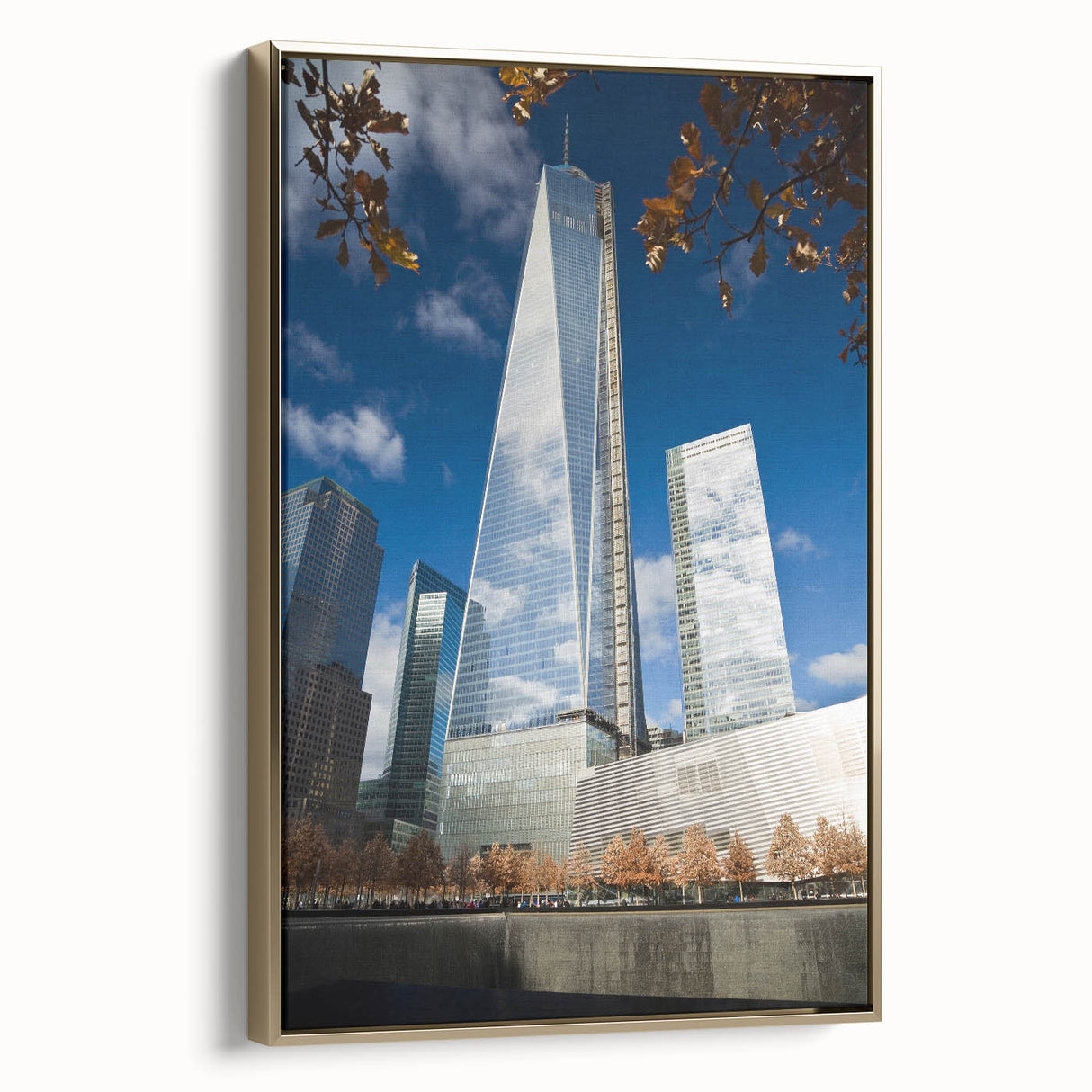 Framed canvas depicting a vintage-style New York City skyline in black and gold tones, ideal for bedroom wall art.