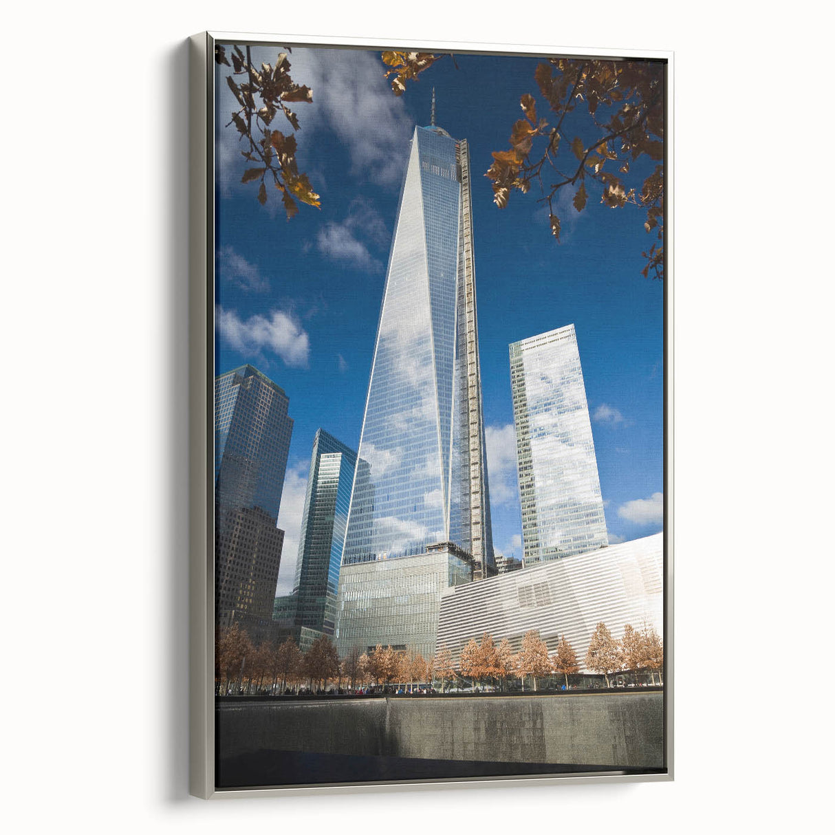 Landscape art painting of NYC with Twin Towers, colorful sky on silver-framed canvas, suitable for office decor.