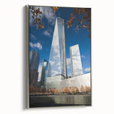 Landscape art painting of NYC with Twin Towers, colorful sky on silver-framed canvas, suitable for office decor.