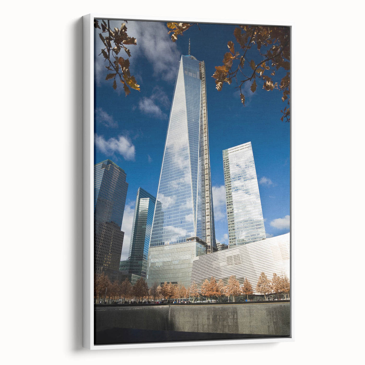 Vintage poster art of NYC Trade Center in colorful tones on a framed canvas, suitable for living room decor.