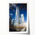 Extra large wall art of NYC Trade Center in muted gray tones on rolled canvas, ideal for art wall dining room.