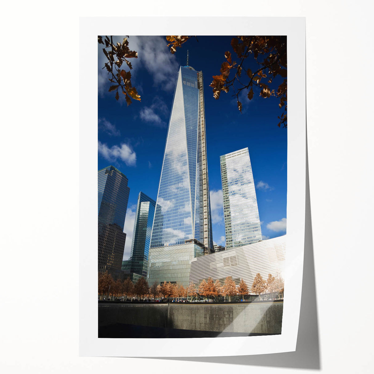 Extra large wall art of NYC Trade Center in muted gray tones on rolled canvas, ideal for art wall dining room.