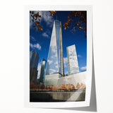 Extra large wall art of NYC Trade Center in muted gray tones on rolled canvas, ideal for art wall dining room.