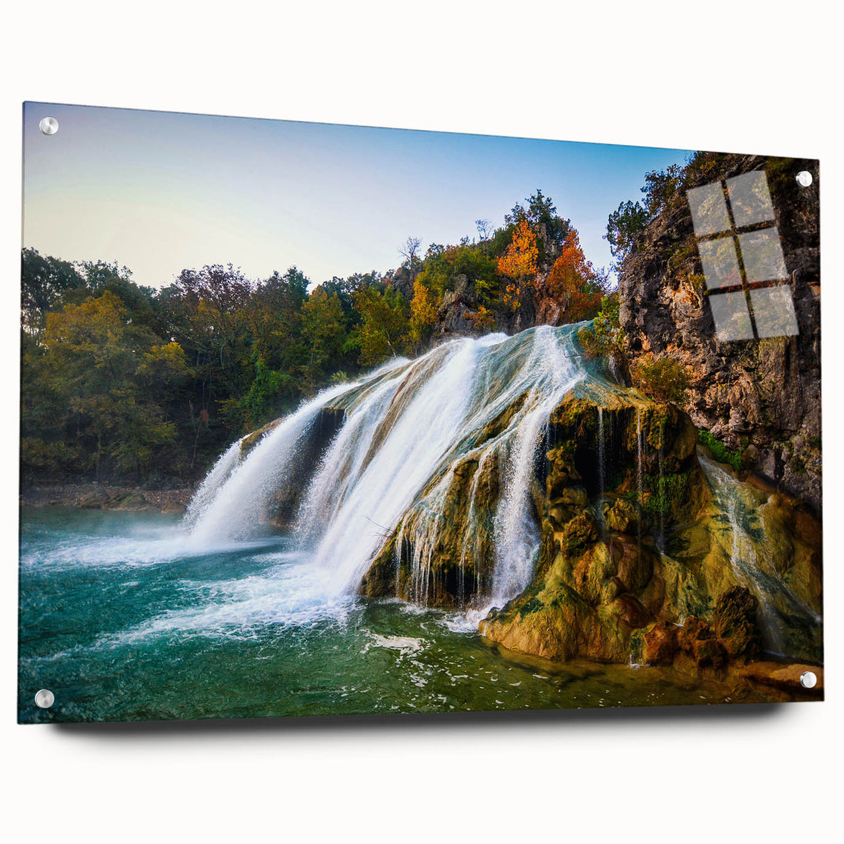Large abstract wall art depicting Oklahoma scenery in muted earth tones on acrylic glass.