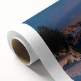 Art deco poster of Crater Lake, Oregon, in muted blue and green tones on rolled canvas, ideal for nursery wall art.