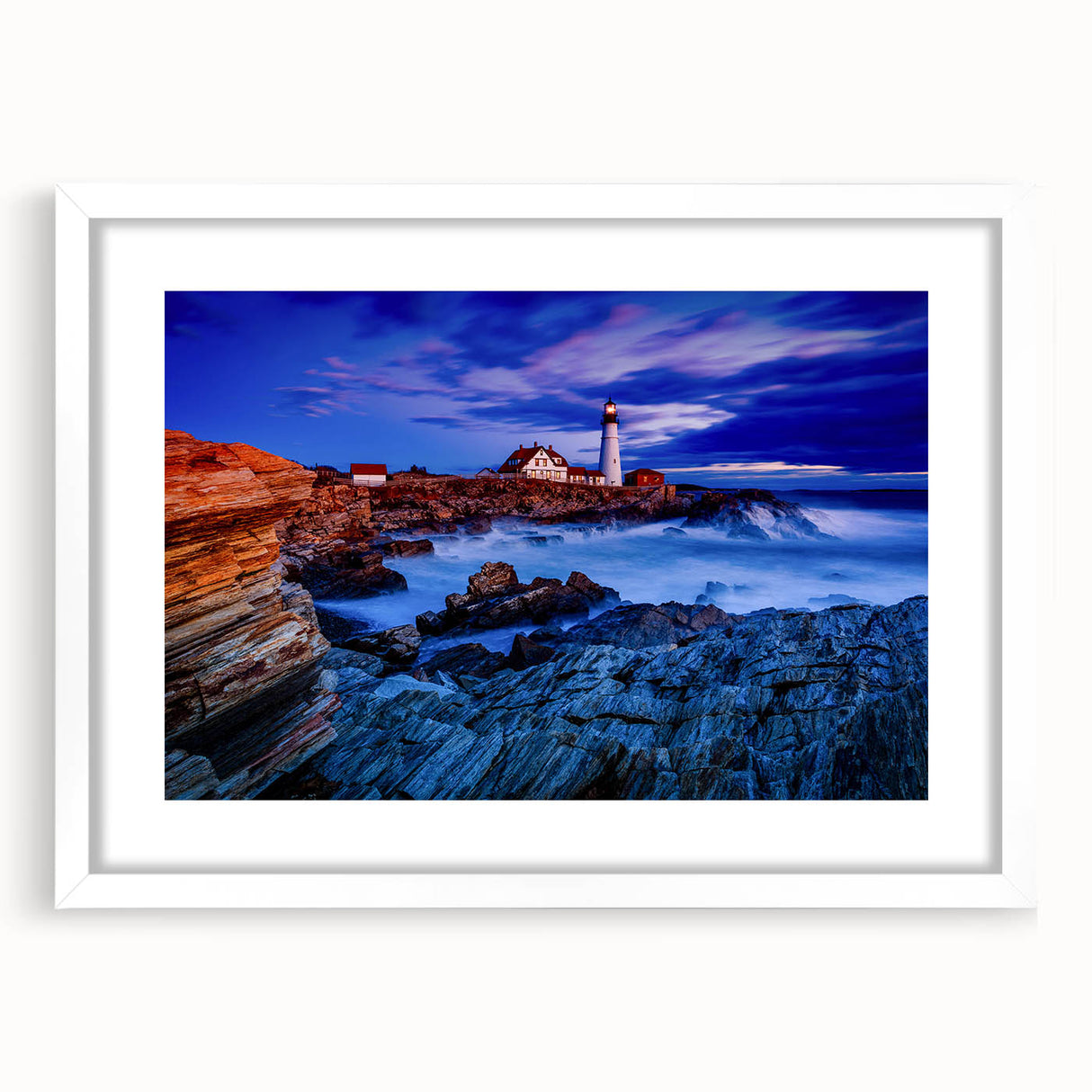 Abstract art print of Portland, Oregon, in muted green and blue tones on a framed white mat.