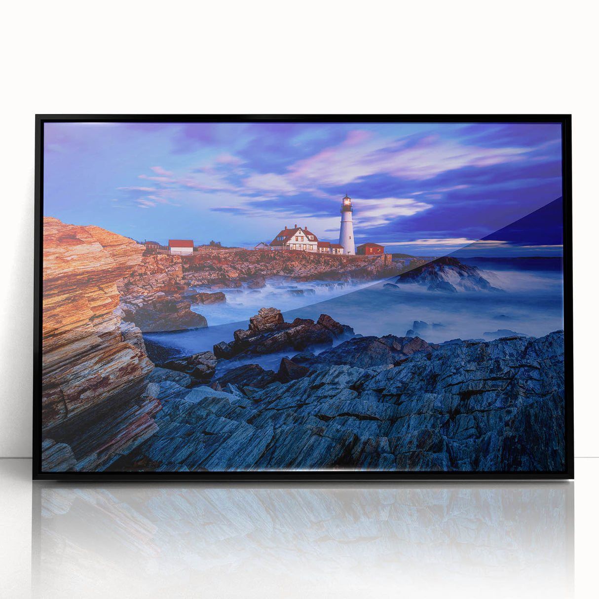 Large abstract wall art of Portland, Oregon skyline in muted gray and blue tones on a framed acrylic.