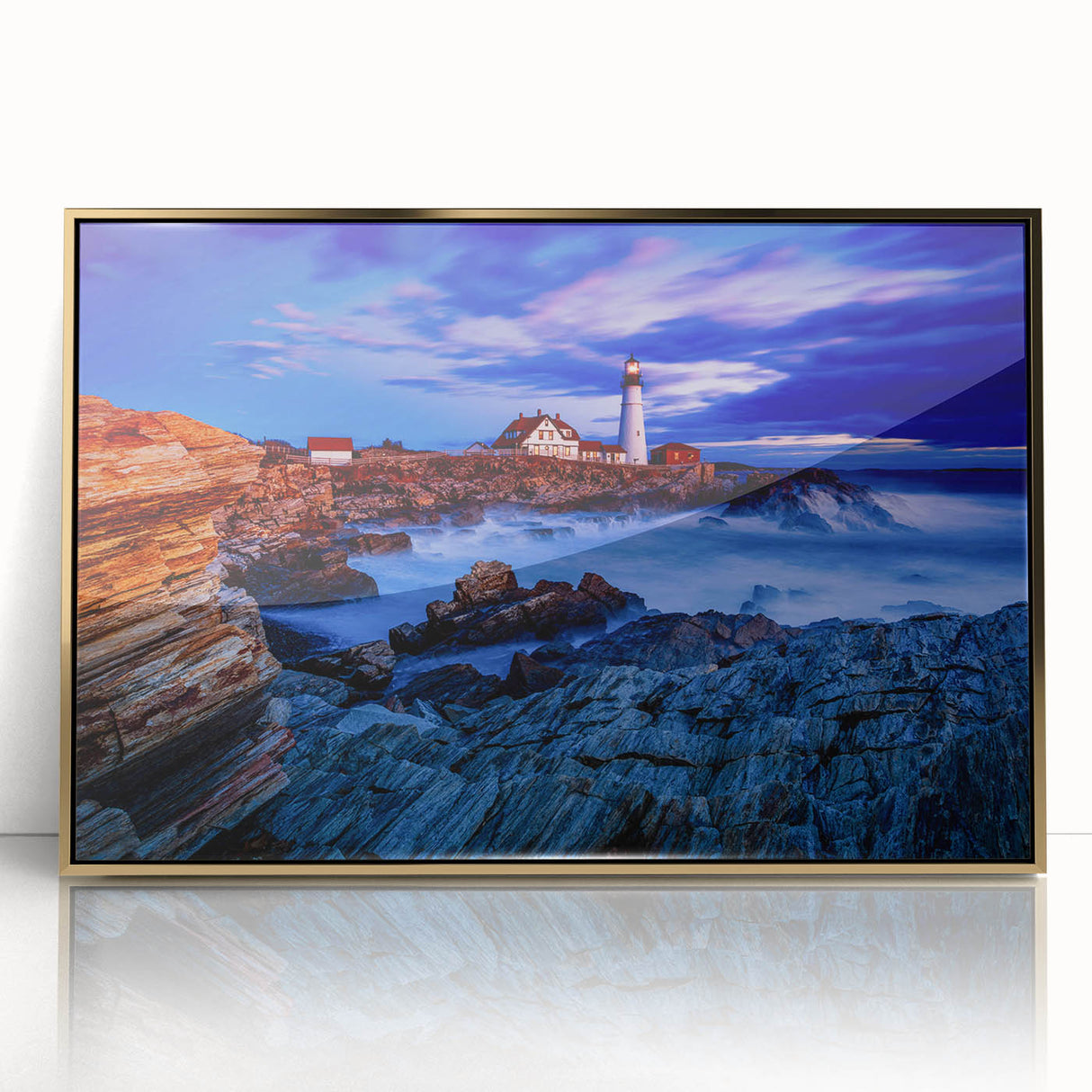 Mid-century modernist art of Portland, Oregon skyline in muted gold and gray tones on framed acrylic.