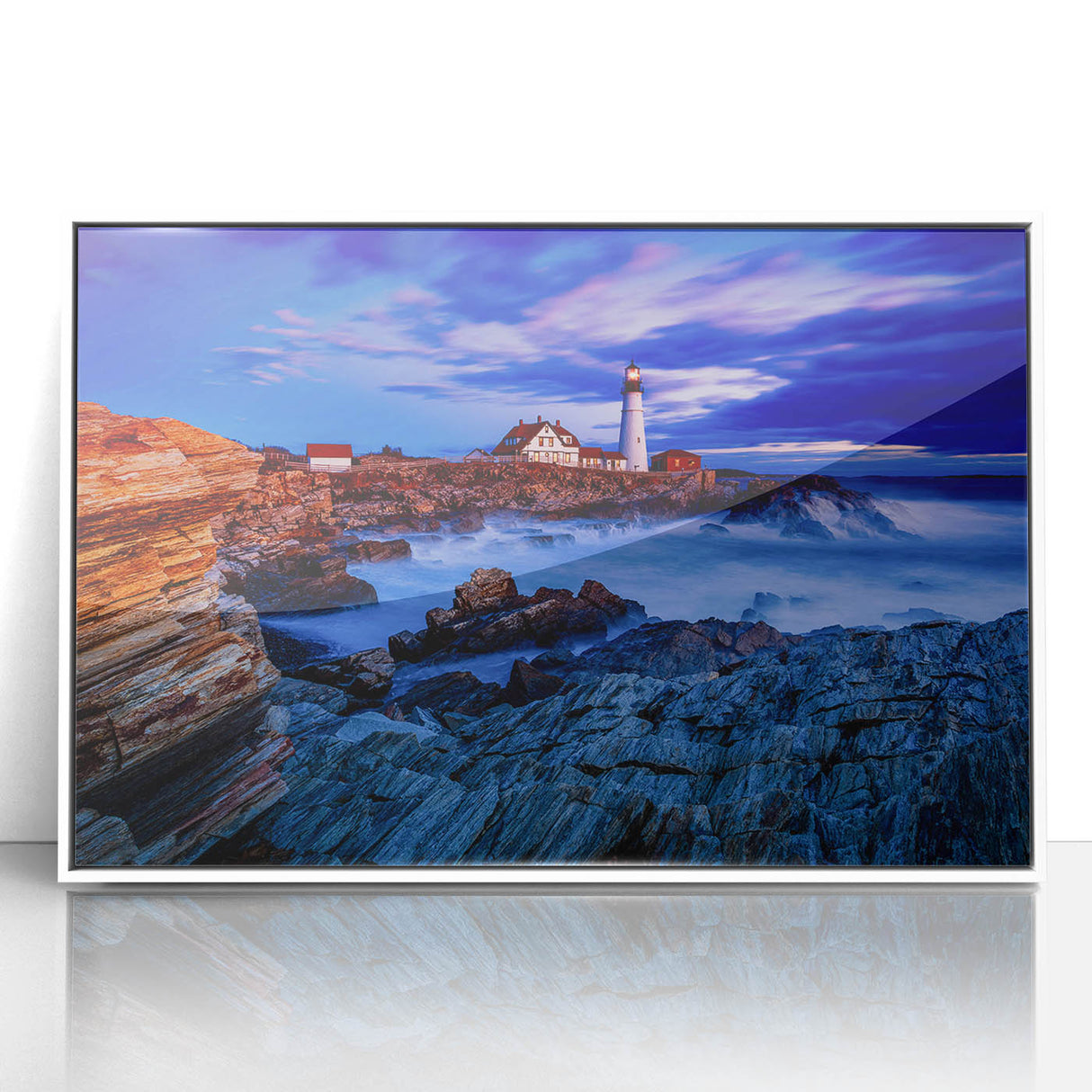 Art deco poster of Portland, Oregon skyline in muted gray, framed in white acrylic, suitable for modern art wall decor.