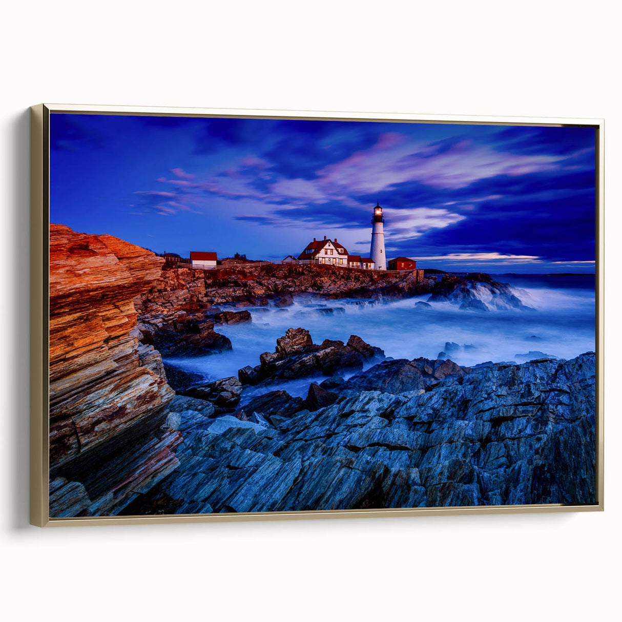 Framed canvas wall art featuring a vintage-style Portland, Oregon landscape in muted gold and black tones.