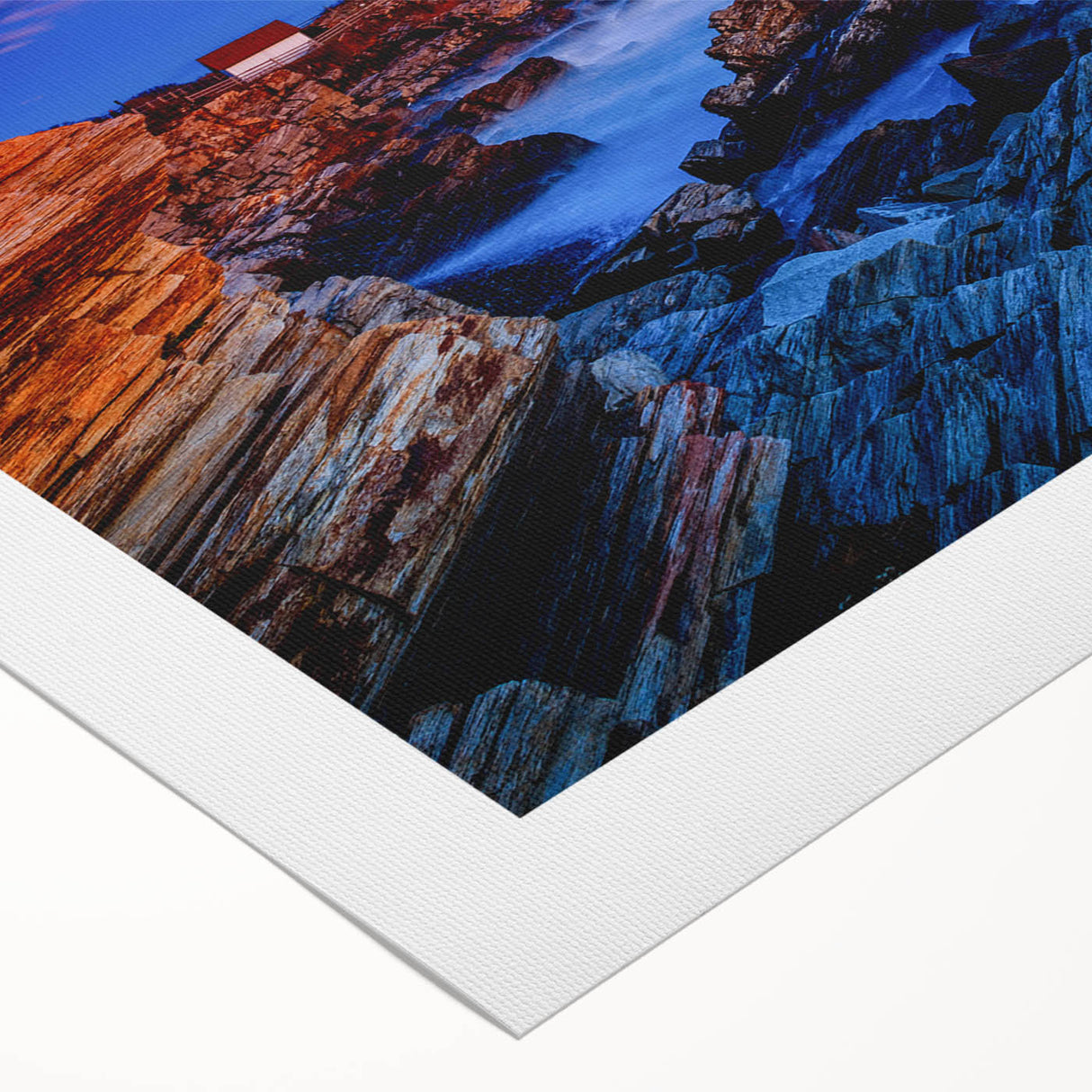 Art deco poster featuring Portland, Oregon skyline in muted gray and blue tones on rolled canvas.