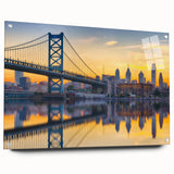 Acrylic print of a large abstract depiction of the Philadelphia skyline in muted gray and blue tones.