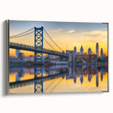 Framed canvas of a vintage-style Philadelphia landscape, featuring colorful art with black borders, ideal for office decor.